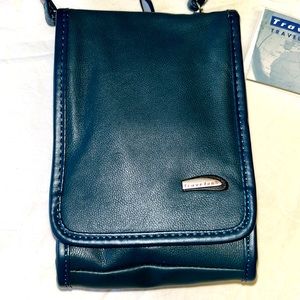Travelon Crossbody Blue Leather Travel Wallet, Adjustable Strap, NEW! RF…
